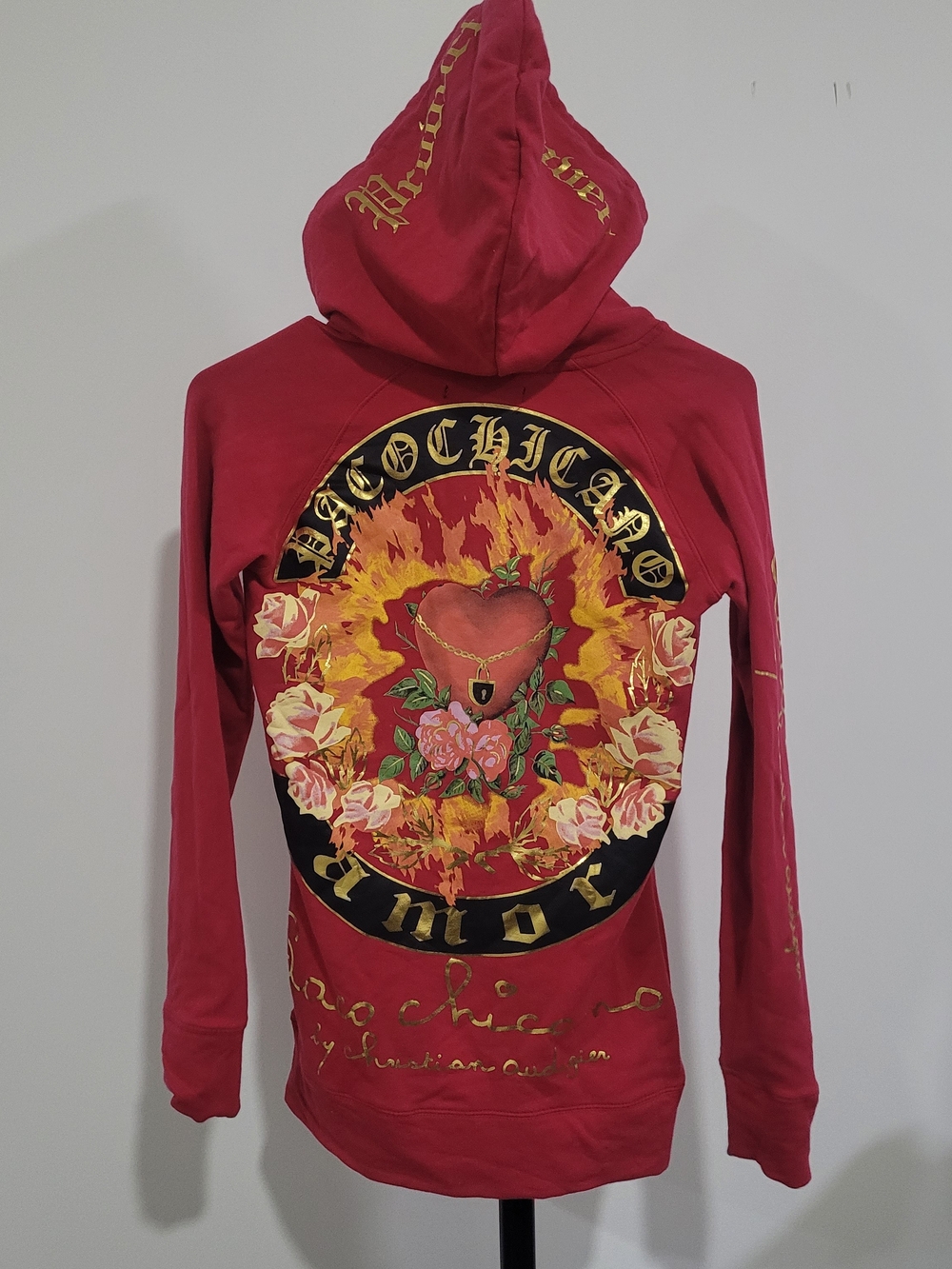 Christian Audigier Red Hoodie with Flaming Heart and Rose Back Graphic Y2k Vinta